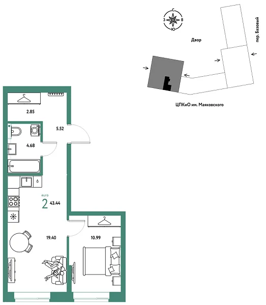 Новая 2-к квартира
 43.44 м² на 4/25 этаже в ЖК «Сибирский сад» в городе Тюмень 
