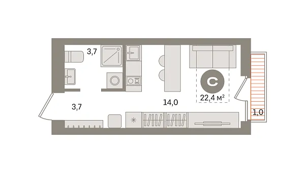 Новая квартира-студия
 22.42 м² на 12/17 этаже в ЖК «Первый квартал» в городе Тюмень 