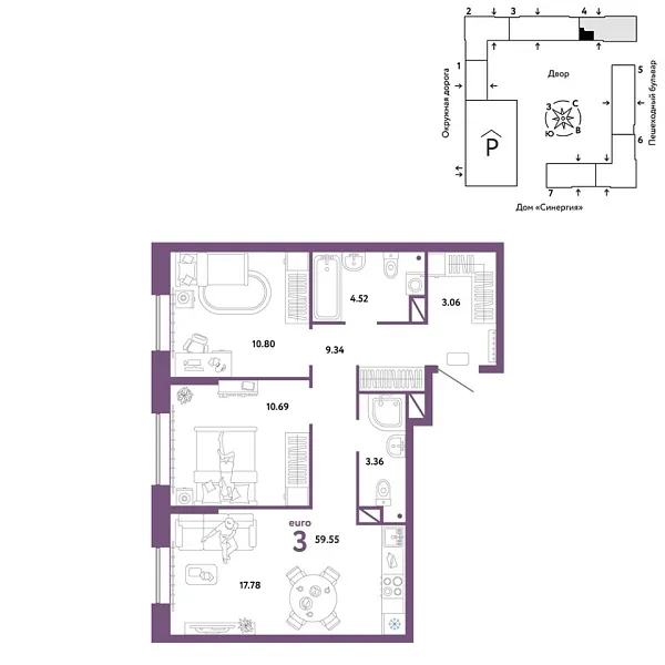 Новая 3-к квартира
 59.55 м² на 10/16 этаже в ЖК «Юнион» в городе Тюмень 