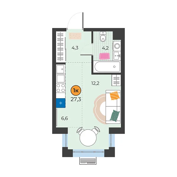 Новая квартира-студия
 27.3 м² на 2/25 этаже в ЖК «Корней» в городе Тюмень 