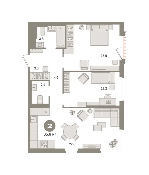 Новая 2-к квартира
 65.61 м² на 14/16 этаже в ЖК «Квартал Герцена» в городе Тюмень 