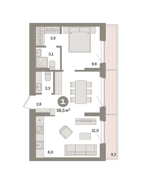 Новая 1-к квартира
 56.85 м² на 7/7 этаже в ЖК «Квартал «Депо»» в городе Тюмень 