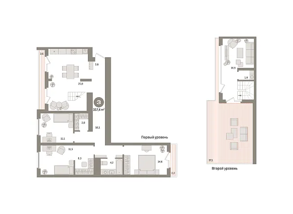 Новая 3-к квартира
 157.4 м² на 7/7 этаже в ЖК «Южные кварталы» в городе Тюмень 