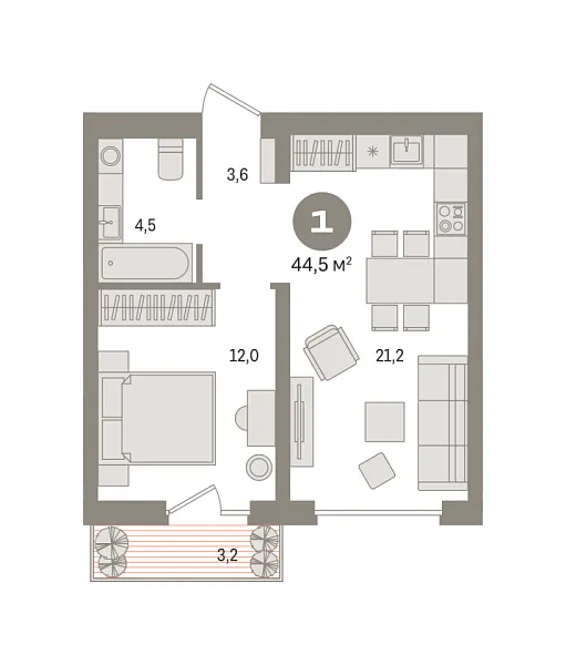 Новая 1-к квартира
 44.52 м² на 3/8 этаже в ЖК «Новин» в городе Тюмень 