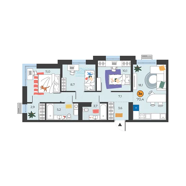 Новая 3-к квартира
 70.4 м² на 5/25 этаже в ЖК «Корней» в городе Тюмень 