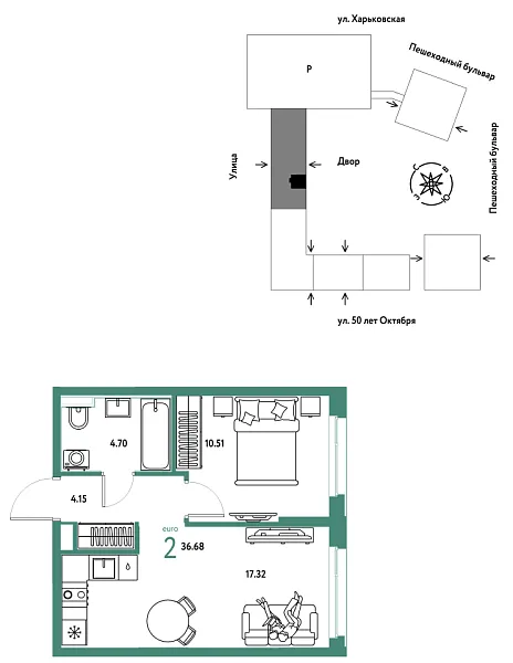 Новая 2-к квартира
 36.68 м² на 22/25 этаже в ЖК «Сердце Сибири» в городе Тюмень 