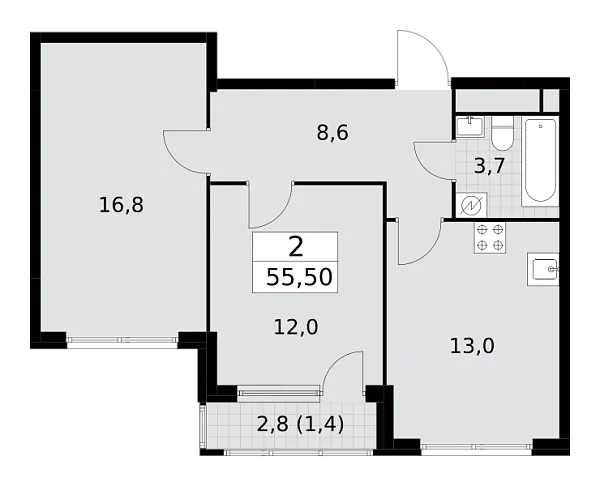 Новая 2-к квартира
 55.5 м² на 30/30 этаже в ЖК «Южные сады» в городе Тюмень 