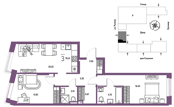 Новая 3-к квартира
 70.31 м² на 11/24 этаже в ЖК «Остров-сад» в городе Тюмень 