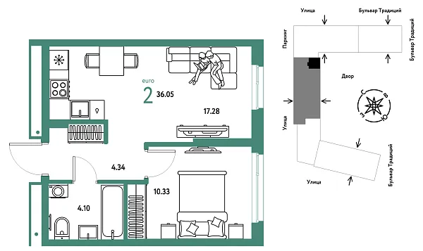 Новая 2-к квартира
 36.05 м² на 3/15 этаже в ЖК «Домашний» в городе Тюмень 