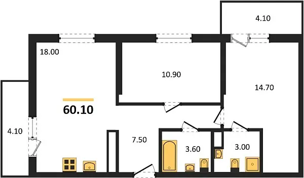 Новая 2-к квартира
 60.1 м² на 18/24 этаже в ЖК «Облака-2» в городе Тюмень 