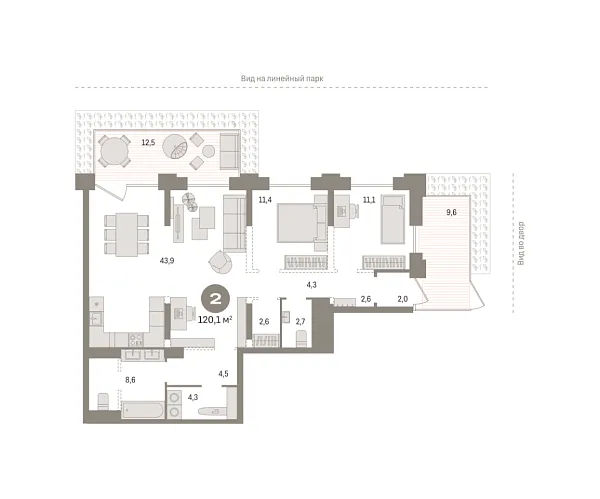 Новая 2-к квартира
 120.1 м² на 1/25 этаже в ЖК «Октябрьский на Туре» в городе Тюмень 