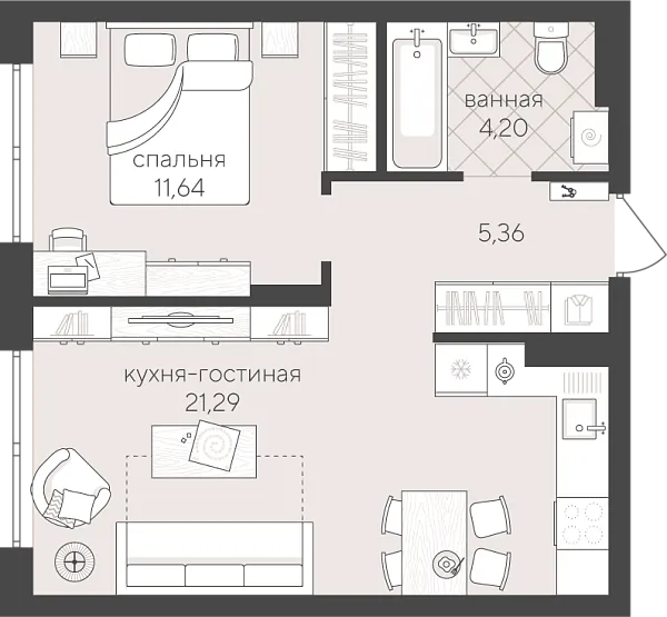 Новая 1-к квартира
 42.49 м² на 3/4 этаже в ЖК «Скандиа. Квартал у Озера» в городе Тюмень 