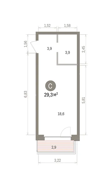 Количество комнат: Студия,  29.3 кв.м.