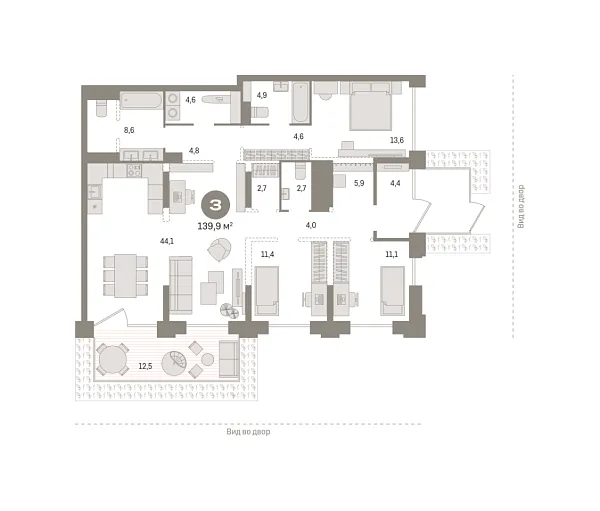 Новая 3-к квартира
 139.9 м² на 1/25 этаже в ЖК «Октябрьский на Туре» в городе Тюмень 