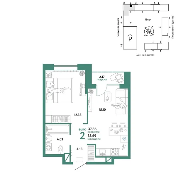 Новая 2-к квартира
 37.86 м² на 12/16 этаже в ЖК «Юнион» в городе Тюмень 