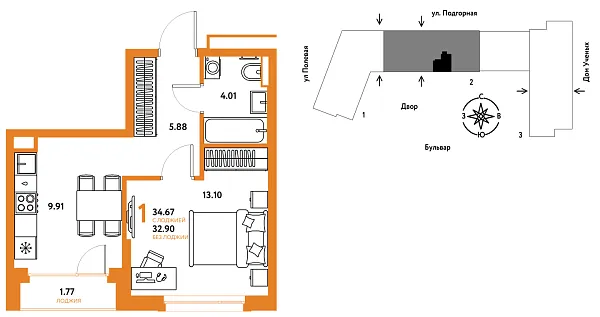Новая 1-к квартира
 34.76 м² на 14/16 этаже в ЖК «Авторский» в городе Тюмень 