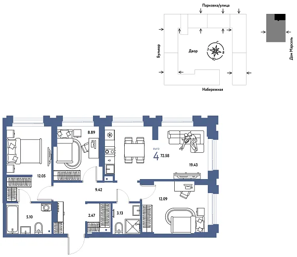 Новая 4-к квартира
 72.58 м² на 4/24 этаже в ЖК «Европейский берег 2.0» в городе Тюмень 
