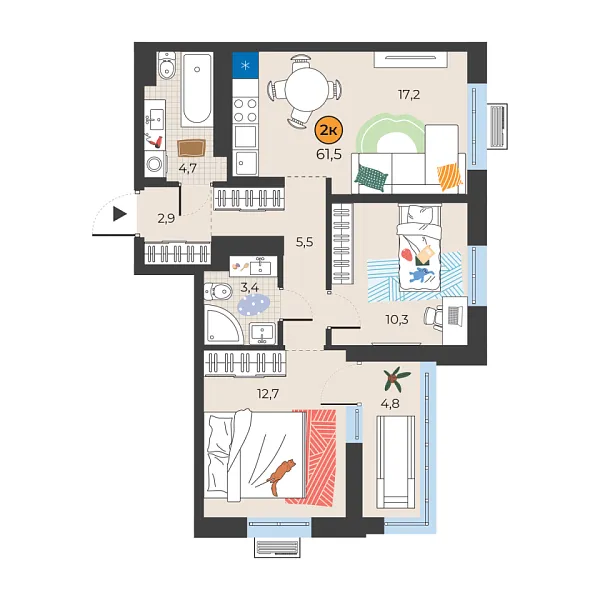 Новая 2-к квартира
 58.1 м² на 6/25 этаже в ЖК «Корней» в городе Тюмень 