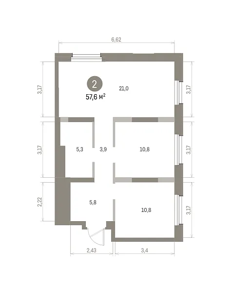 Количество комнат: 2,  57.6 кв.м.