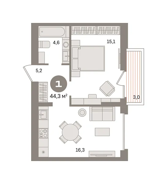 Новая 1-к квартира
 44.28 м² на 4/9 этаже в ЖК «Первый квартал» в городе Тюмень 