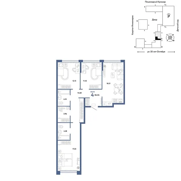 Новая 4-к квартира
 86.04 м² на 3/25 этаже в ЖК «Сердце Сибири» в городе Тюмень 