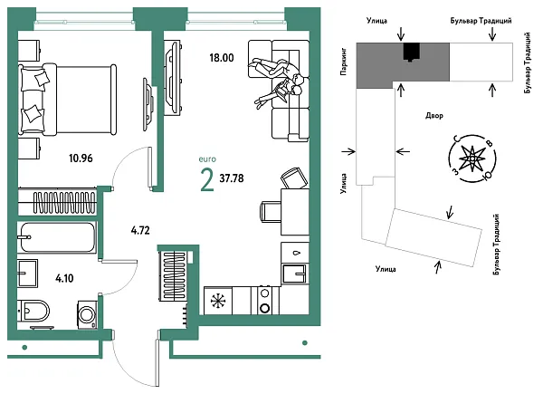 Новая 2-к квартира
 37.78 м² на 5/15 этаже в ЖК «Домашний» в городе Тюмень 