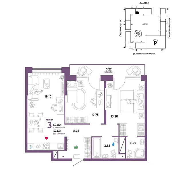 Новая 3-к квартира
 62.82 м² на 8/16 этаже в ЖК «Юнион» в городе Тюмень 