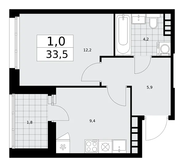 Новая 1-к квартира
 33.5 м² на 22/24 этаже в ЖК «Дзен-кварталы» в городе Тюмень 