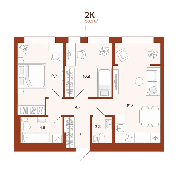 Новая 2-к квартира
 58.49 м² на 9/14 этаже в ЖК «ЖК Новатор» в городе Тюмень 