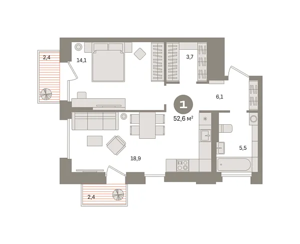 Новая 1-к квартира
 52.64 м² на 4/21 этаже в ЖК «Квартал Герцена» в городе Тюмень 