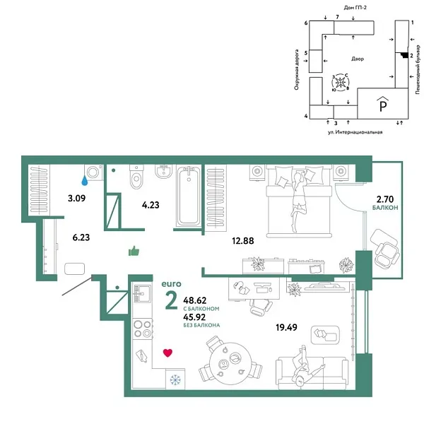 Новая 2-к квартира
 48.62 м² на 7/16 этаже в ЖК «Юнион» в городе Тюмень 