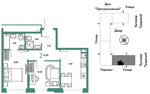 Новая 2-к квартира
 47 м² на 15/15 этаже в ЖК «Домашний» в городе Тюмень 