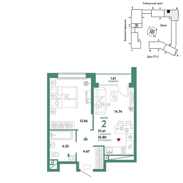 Новая 2-к квартира
 37.41 м² на 22/32 этаже в ЖК «Сибирский сад» в городе Тюмень 