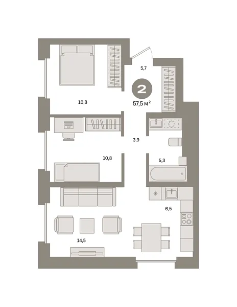 Новая 2-к квартира
 57.5 м² на 9/31 этаже в ЖК «Квартал «Метроном»» в городе Тюмень 