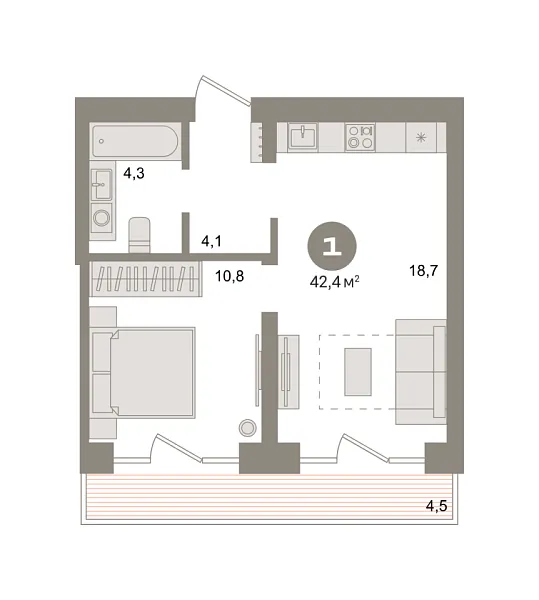 Новая 1-к квартира
 42.4 м² на 2/9 этаже в ЖК «Речной порт» в городе Тюмень 