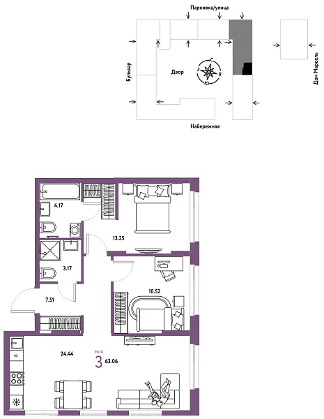 Новая 3-к квартира
 63.06 м² на 12/24 этаже в ЖК «Европейский берег 2.0» в городе Тюмень 