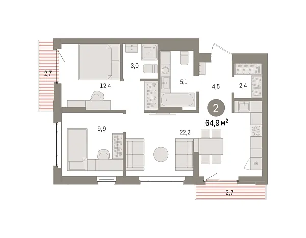 Новая 2-к квартира
 64.9 м² на 9/16 этаже в ЖК «Квартал «Траектория»» в городе Тюмень 