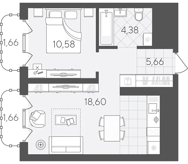 Новая 1-к квартира
 42.54 м² на 6/24 этаже в ЖК «Скандиа. Квартал в Слободе» в городе Тюмень 