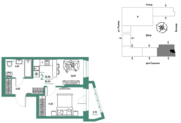 Новая 2-к квартира
 35.96 м² на 11/24 этаже в ЖК «Остров-сад» в городе Тюмень 