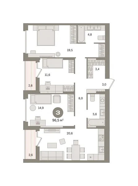 Новая 3-к квартира
 96.53 м² на 6/17 этаже в ЖК «Первый квартал» в городе Тюмень 