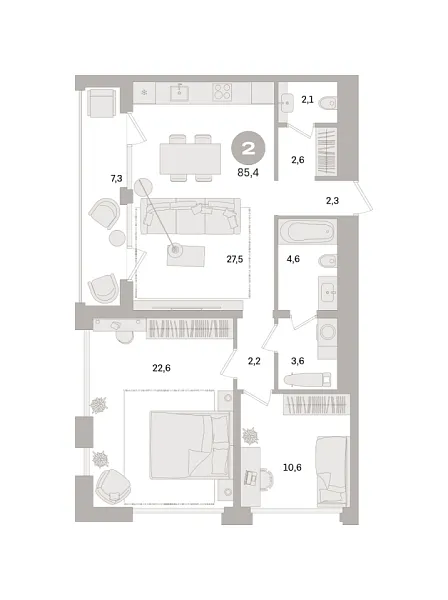 Новая 2-к квартира
 85.4 м² на 10/21 этаже в ЖК «Дом «А»» в городе Тюмень 