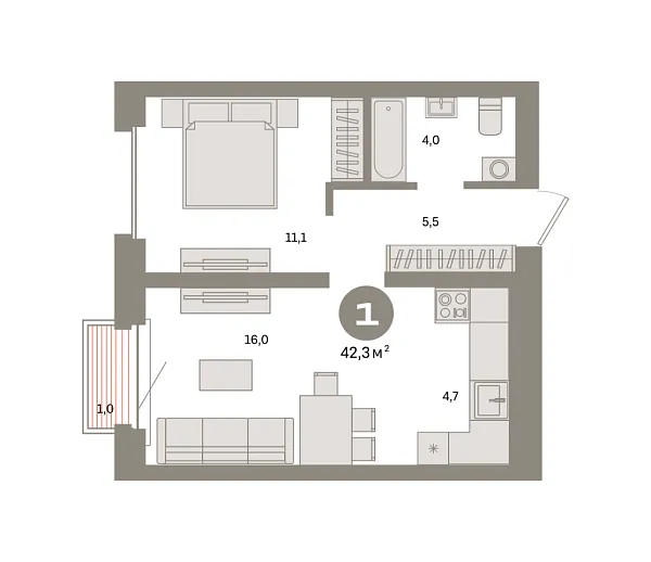 Новая 1-к квартира
 42.3 м² на 16/24 этаже в ЖК «Квартал «Метроном»» в городе Тюмень 