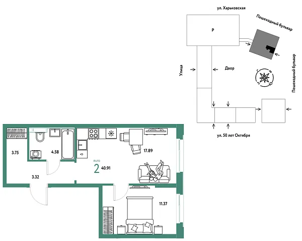 Новая 2-к квартира
 40.91 м² на 12/25 этаже в ЖК «Сердце Сибири» в городе Тюмень 