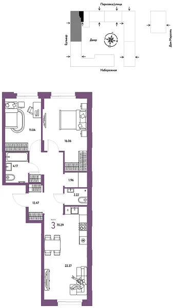 Новая 3-к квартира
 70.29 м² на 7/24 этаже в ЖК «Европейский берег 2.0» в городе Тюмень 