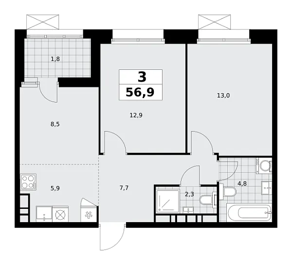Новая 3-к квартира
 56.8 м² на 21/21 этаже в ЖК «Бунинские кварталы» в городе Тюмень 