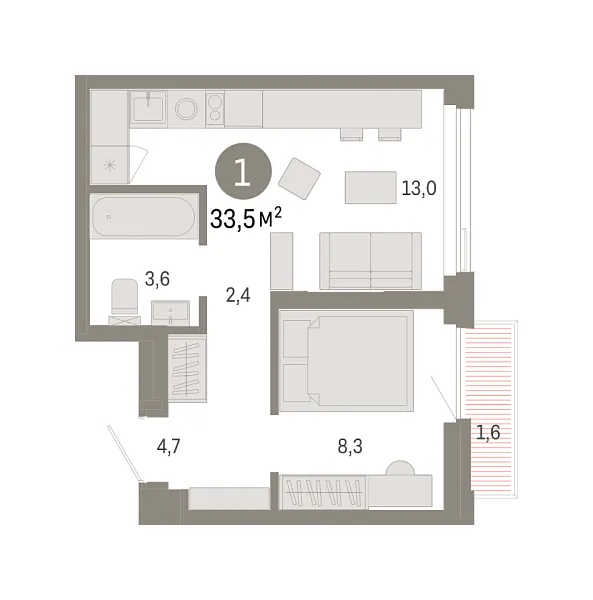 Новая 1-к квартира
 33.53 м² на 14/25 этаже в ЖК «Зарека» в городе Тюмень 