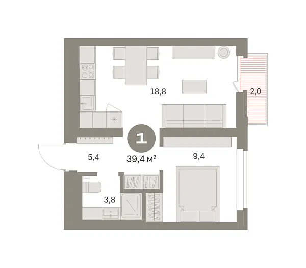 Новая 1-к квартира
 39.41 м² на 7/9 этаже в ЖК «Брусника в Академическом» в городе Тюмень 