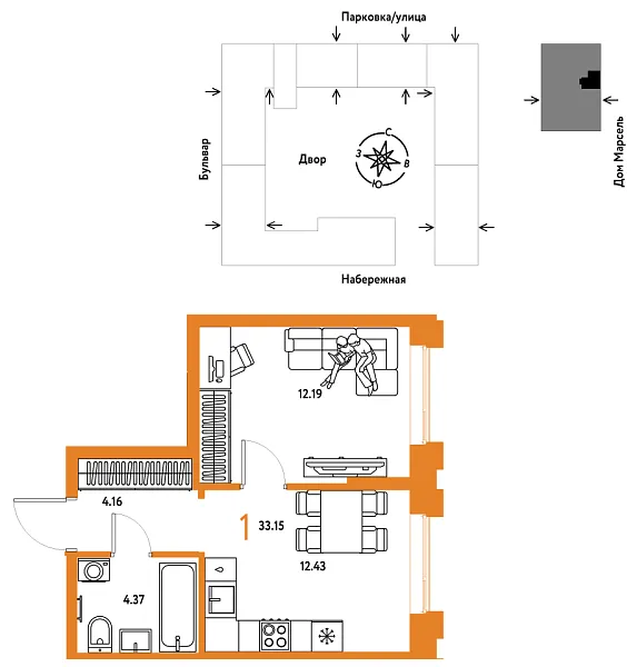 Новая 1-к квартира
 33.15 м² на 20/24 этаже в ЖК «Европейский берег 2.0» в городе Тюмень 