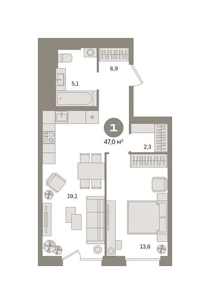 Новая 1-к квартира
 46.99 м² на 12/23 этаже в ЖК «Квартал Герцена» в городе Тюмень 