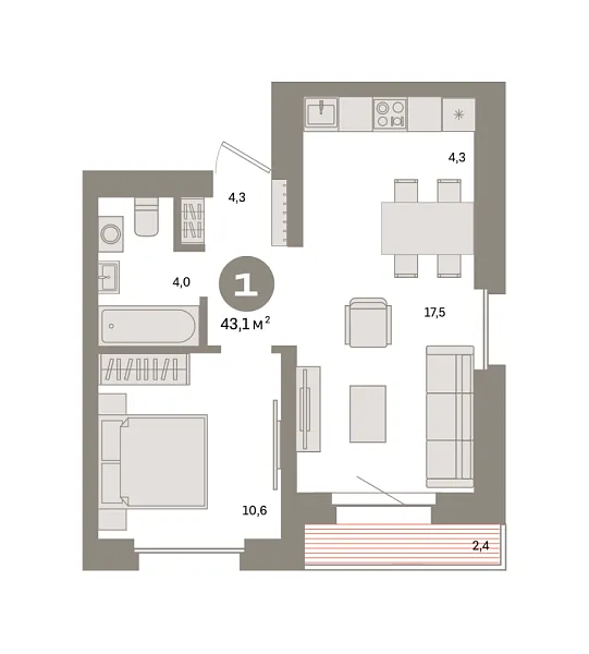 Новая 1-к квартира
 43.1 м² на 7/9 этаже в ЖК «Квартал «Метроном»» в городе Тюмень 